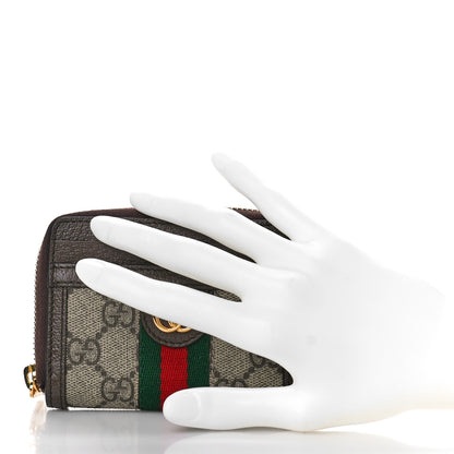 Gucci GG Supreme Monogram Textured Dollar Calfskin Web Ophidia Zip Around Card Case Wallet Beige Ebony New Acero 2 of 8