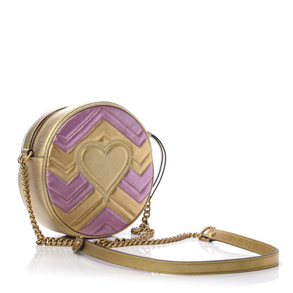 Gucci Metallic Calfskin Matelasse Mini GG Marmont Round Shoulder Bag Gold Pink 3 of 11