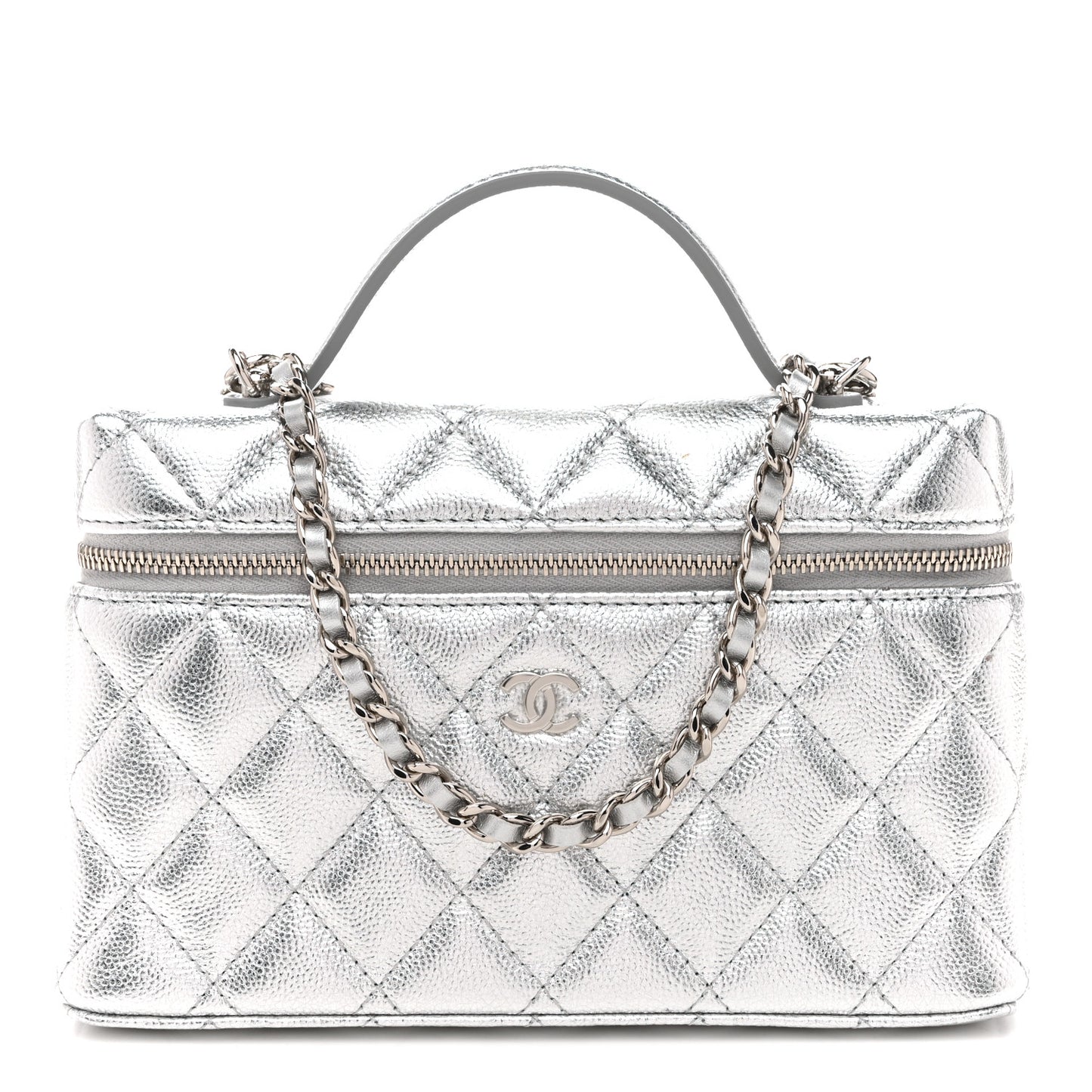 Metallic Caviar Quilted Top Handle Slim Vanity Case With Chain Silvery