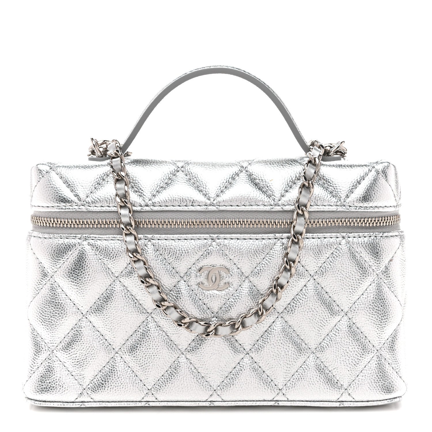 Chanel Metallic Caviar Quilted Top Handle Slim Vanity Case With Chain Silvery 1 of 11