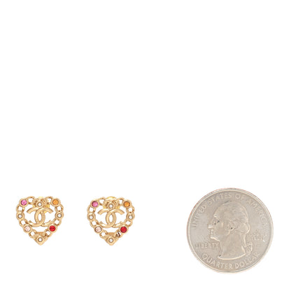Chanel Pearl Crystal CC Heart Earrings Gold Multicolor 2 of 5