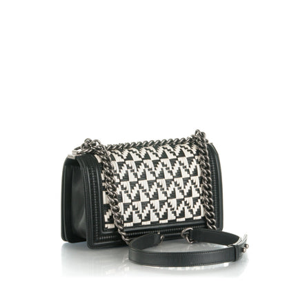 Chanel Calfskin Woven Medium Boy Flap Black White 4 of 9