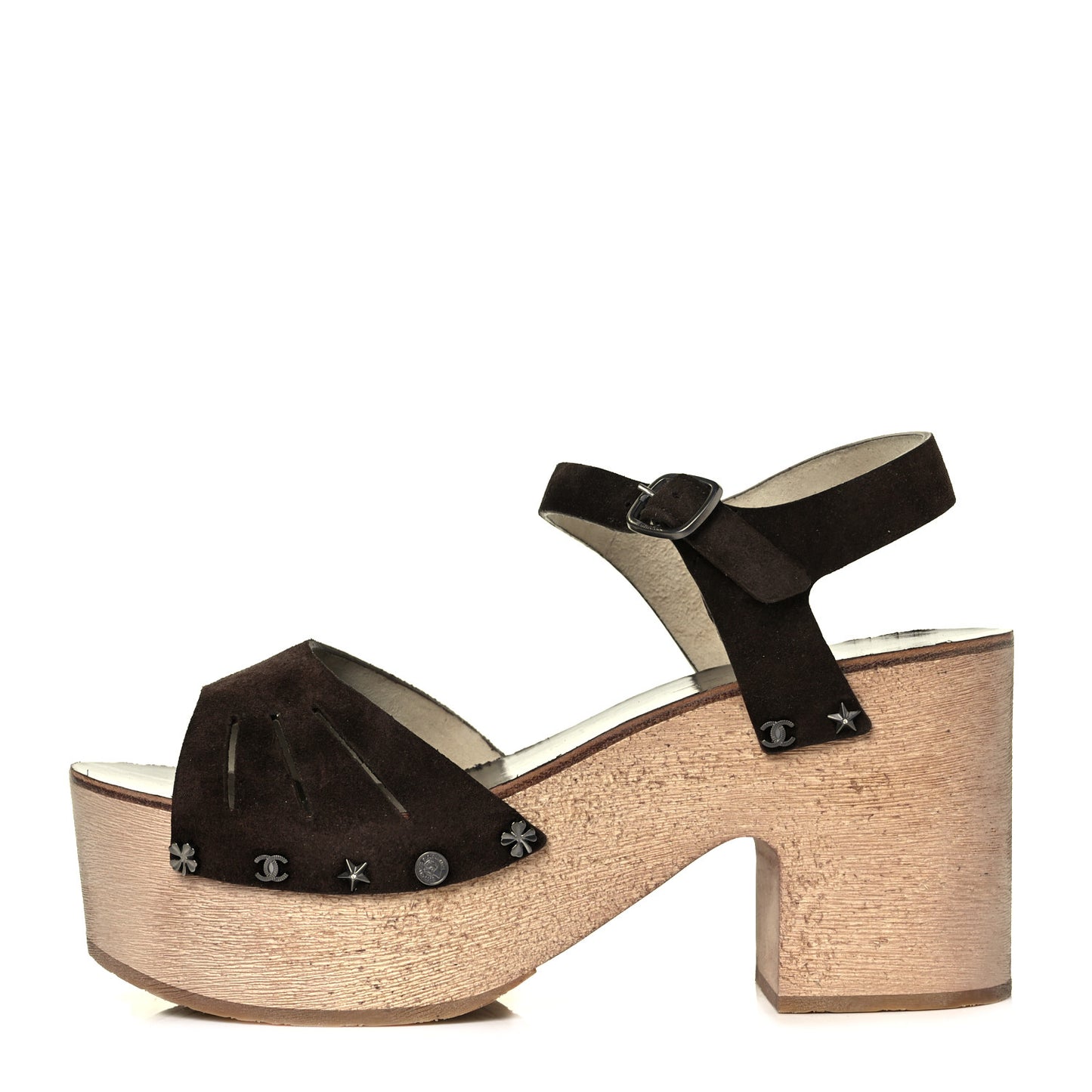 Suede Wooden Studded Platform Sandals 41 Brown