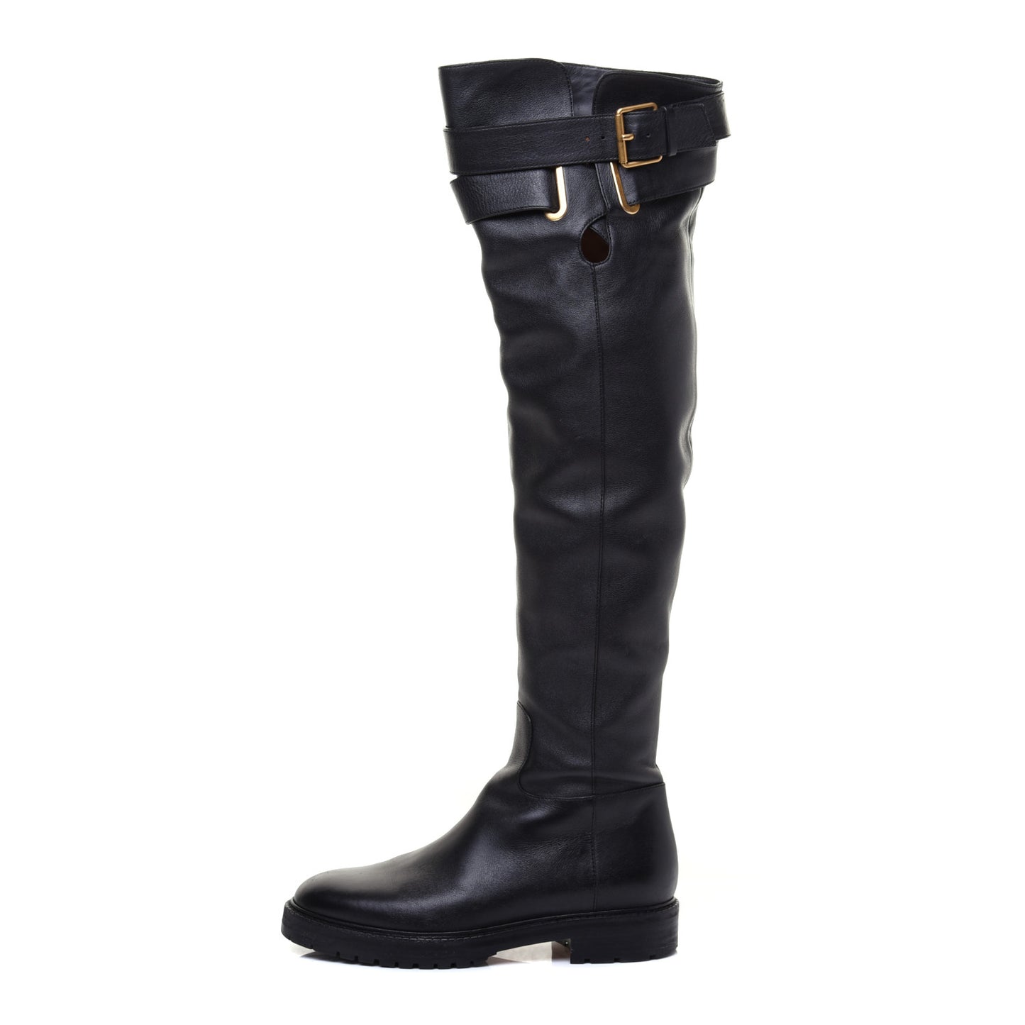 Calfskin Knee High Buckle Boots 37 Black