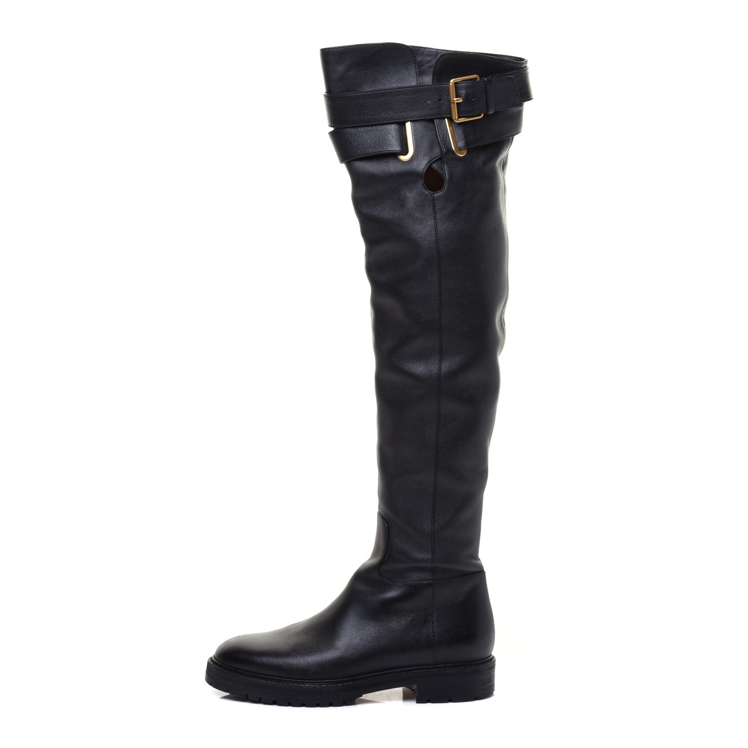 Valentino Garavani Calfskin Knee High Buckle Boots 37 Black 1 of 7