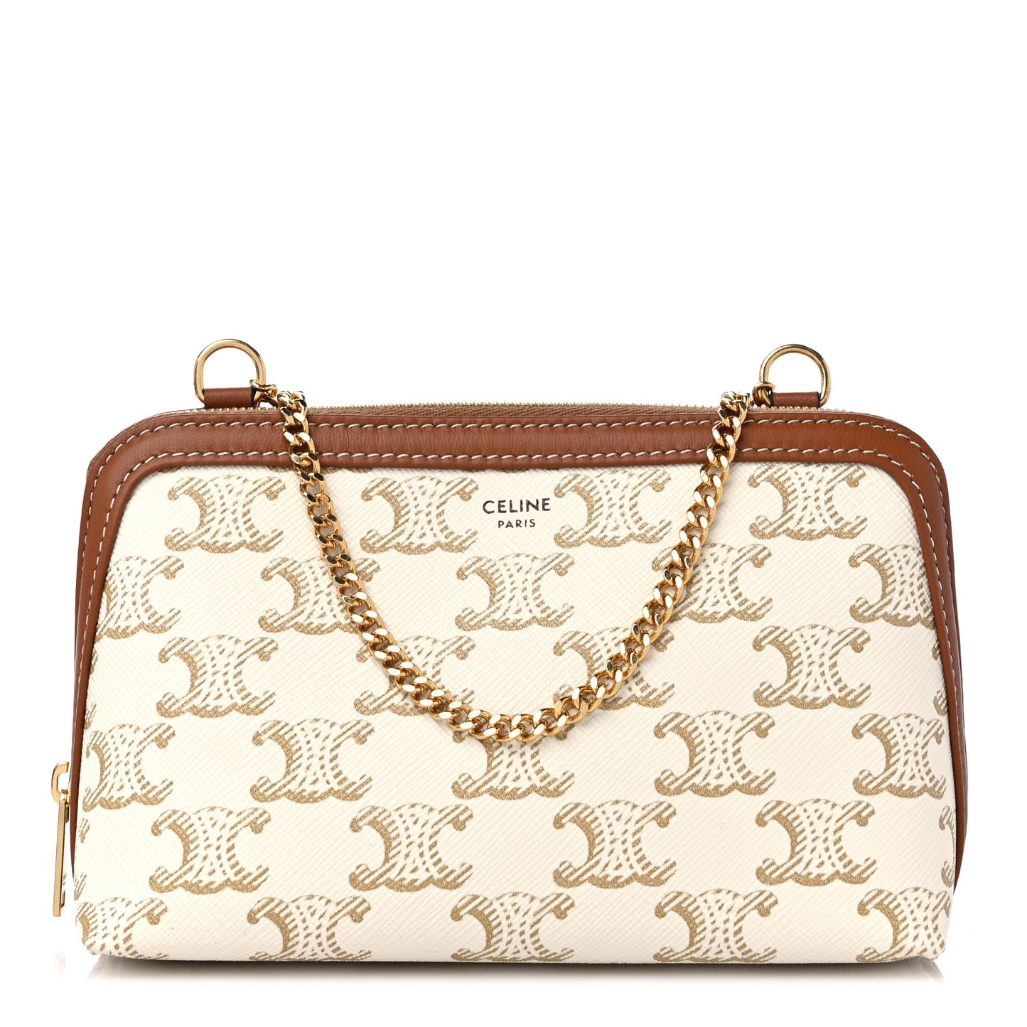 Lambskin Triomphe Canvas Clutch With Chain White Tan