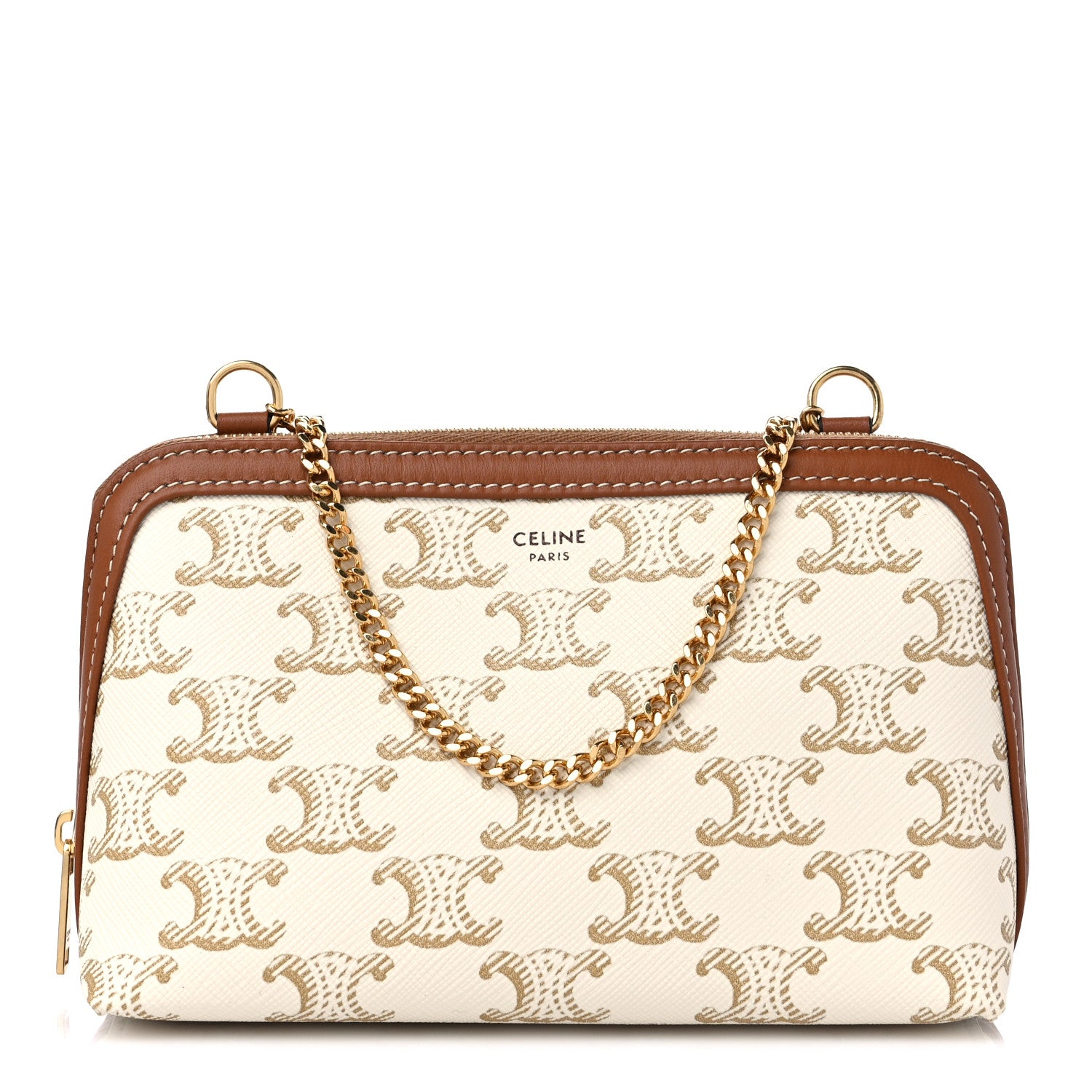 Celine Lambskin Triomphe Canvas Clutch With Chain White Tan 1 of 9