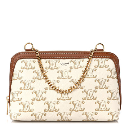 Celine Lambskin Triomphe Canvas Clutch With Chain White Tan 1 of 9