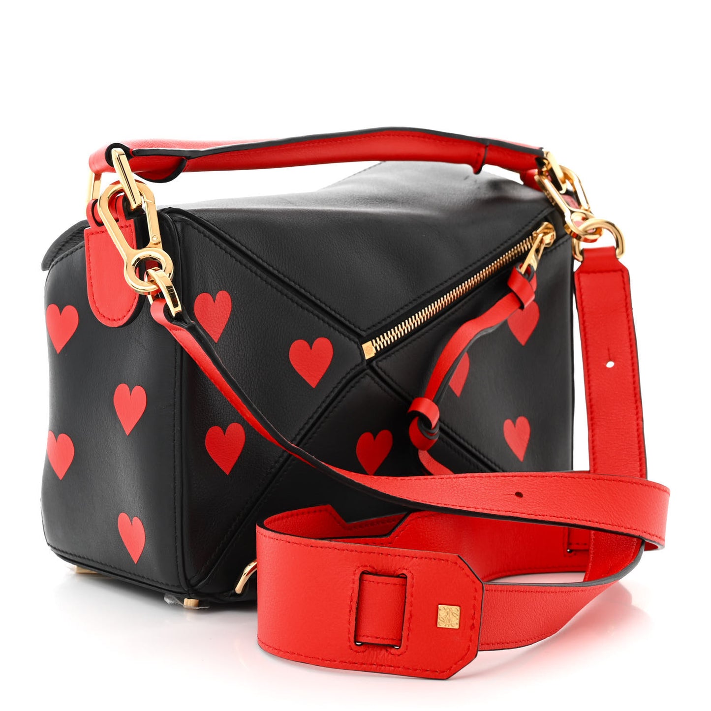 Calfskin Heart Print Small Puzzle Bag Black Red