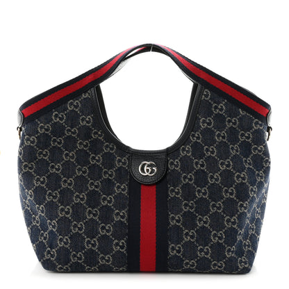 Gucci Denim GG Monogram Web Small Giglio Tote Blue White 1 of 10