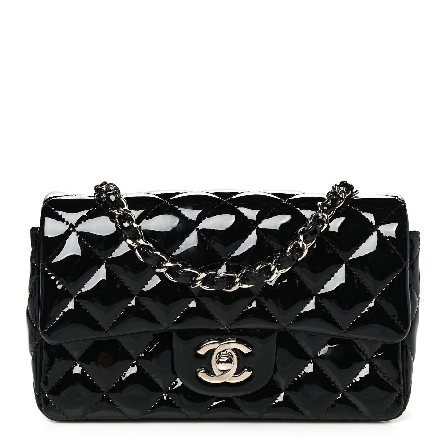 Patent Calfskin Quilted Mini Rectangular Flap Black