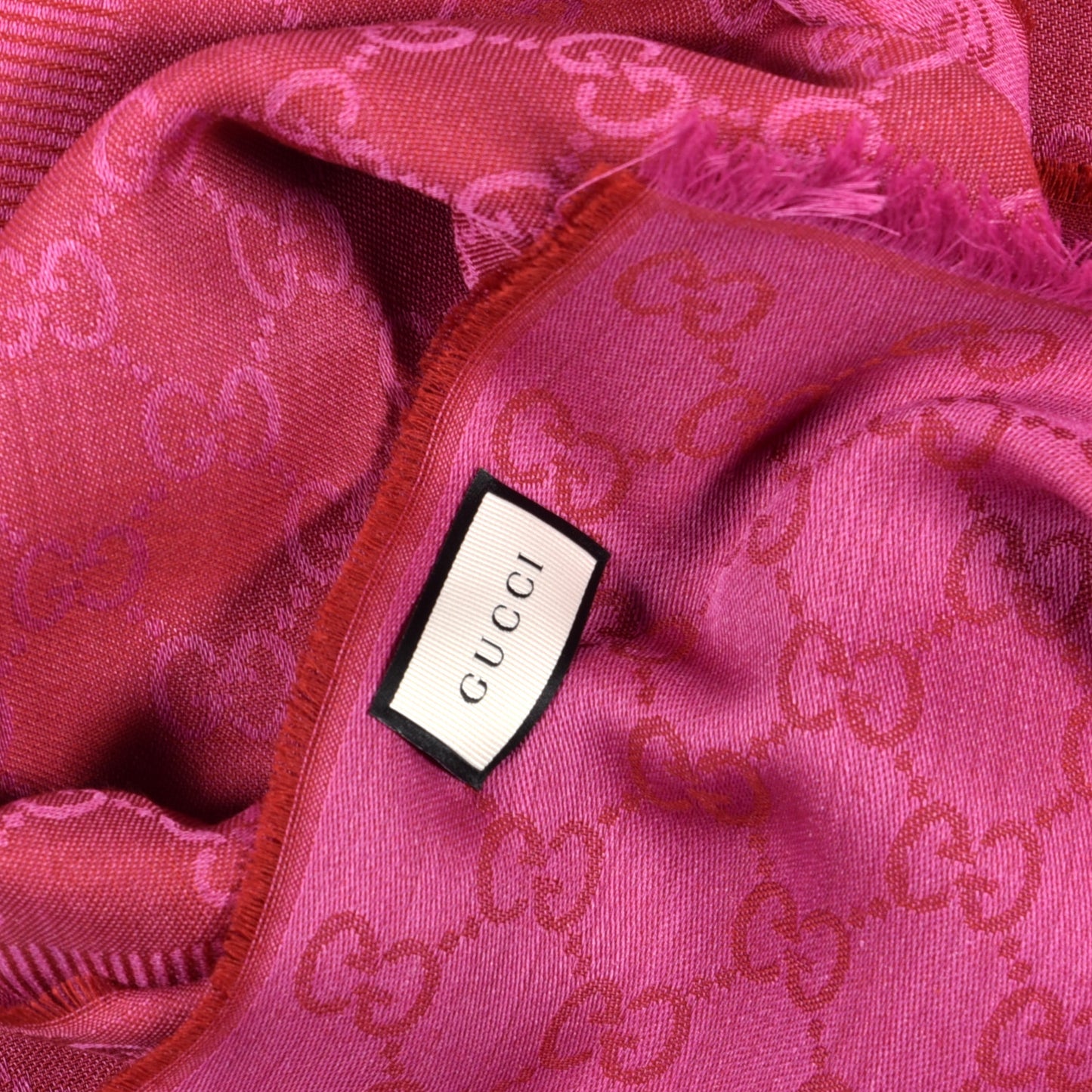Wool Silk GG Monogram GGWeblong Fringe Scarf Shawl Red Pink