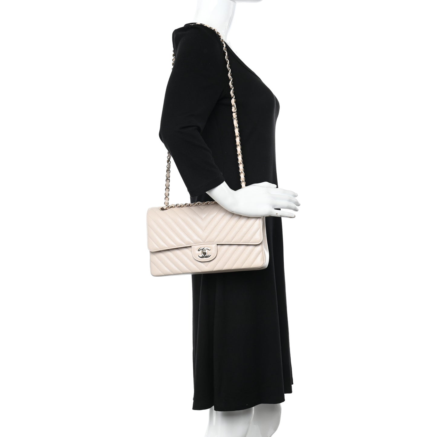 Caviar Chevron Quilted Medium Double Flap Beige