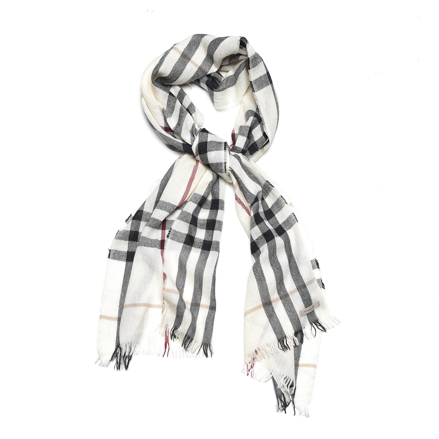 Burberry Merino Wool Cashmere Check Lightweight Scarf Ivory 1 of 6