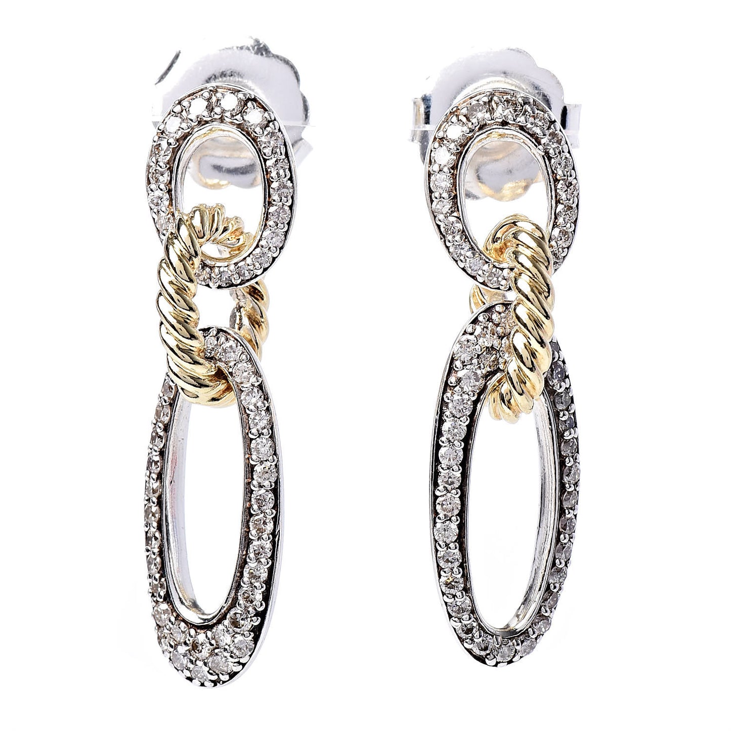 Sterling Silver 18K Yellow Gold Diamond Figaro Drop Earrings