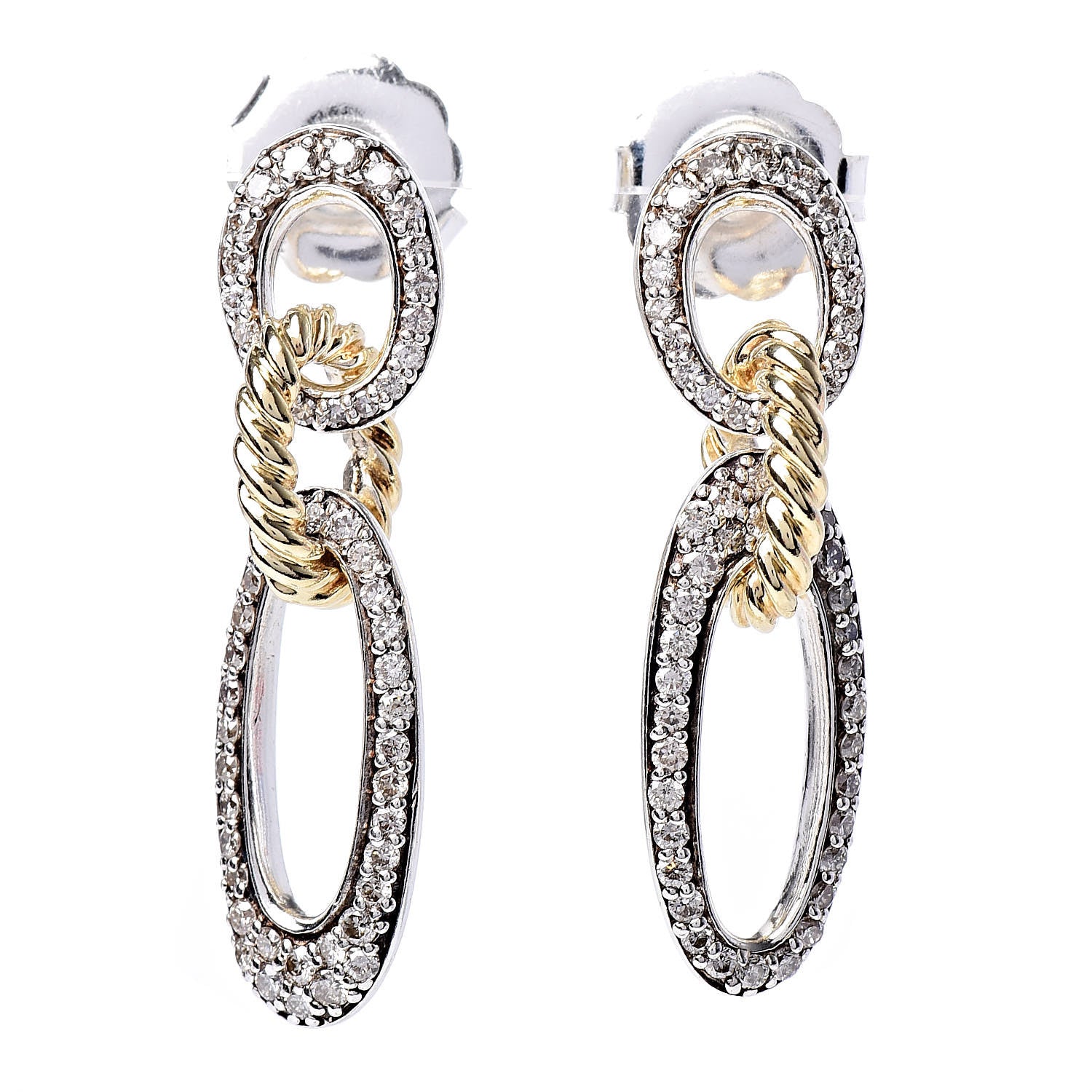 David Yurman Sterling Silver 18K Yellow Gold Diamond Figaro Drop Earrings 1 of 4