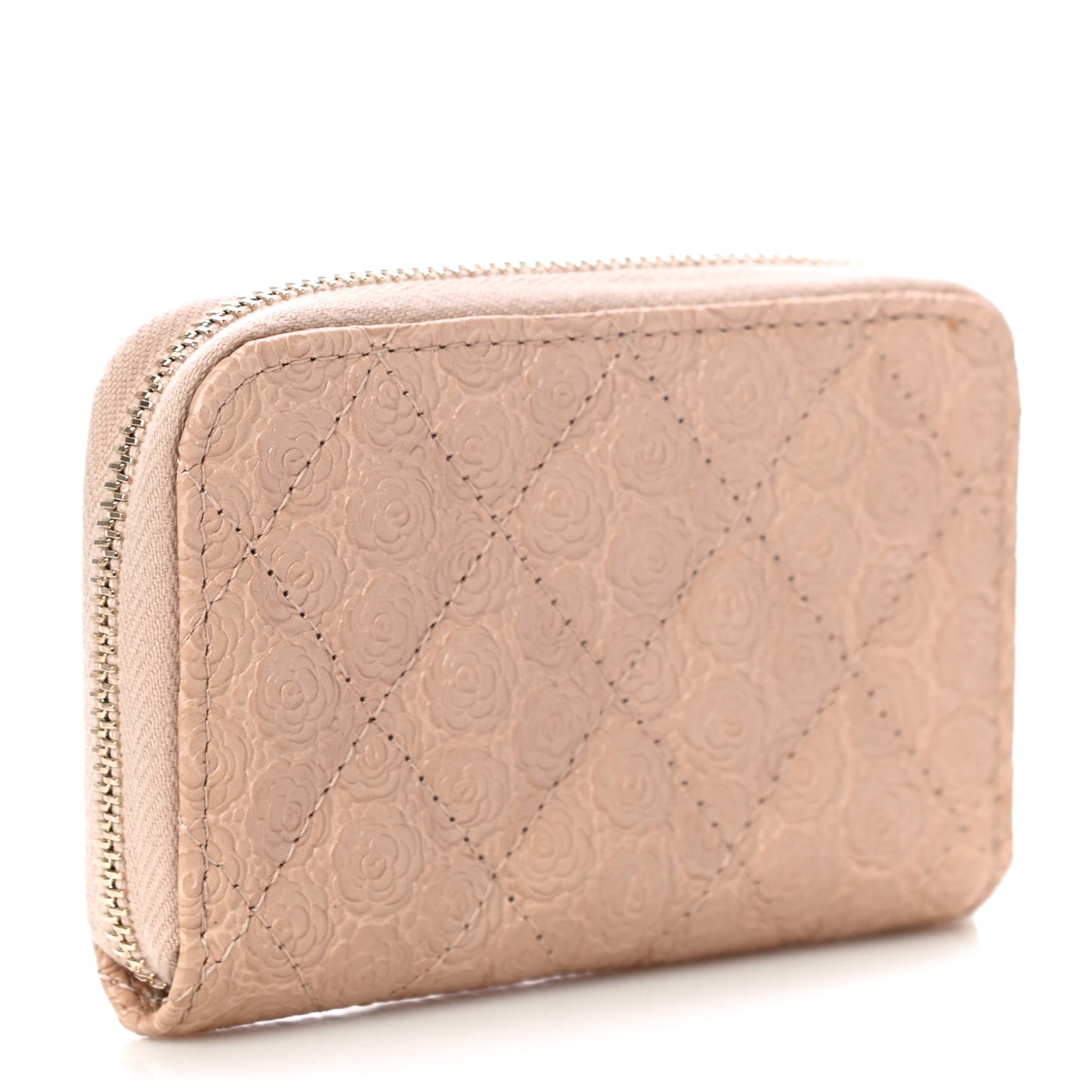 Calfskin Camellia Embossed Zip Coin Purse Beige