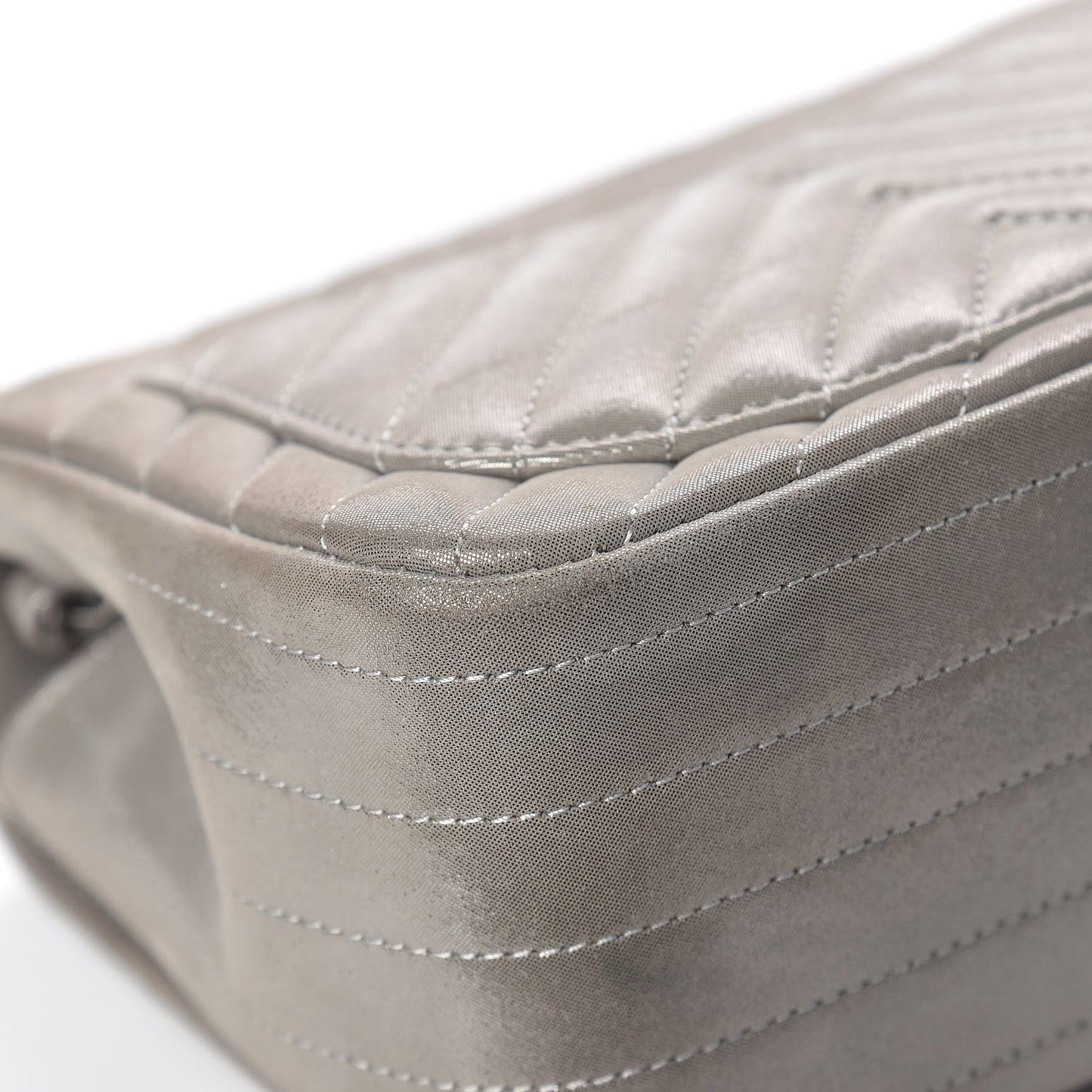 Iridescent Calfskin Chevron Quilted Mini Square Flap Silver