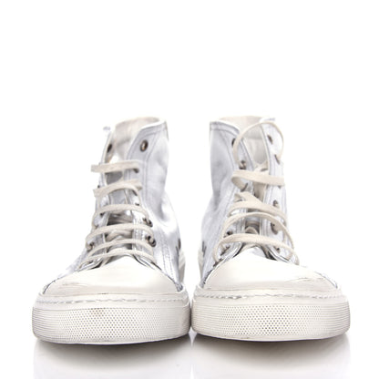 Saint Laurent Distressed Calfskin Bedford Logo-Appliqued Hightop Sneakers 40 Argento Cream White 2 of 11