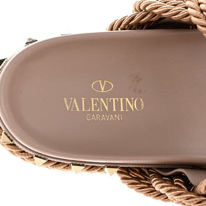 Valentino Garavani Calfskin Silk Woven Rockstud Torchon 5mm Sandals 39 Poudre 7 of 11
