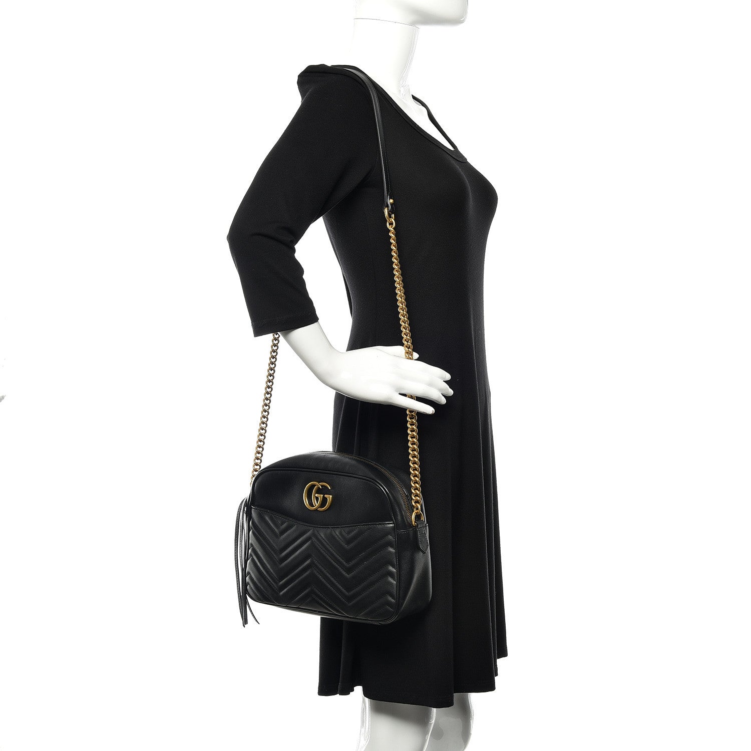 Gucci Calfskin Matelasse Medium GG Marmont Chain Shoulder Bag Black 2 of 11