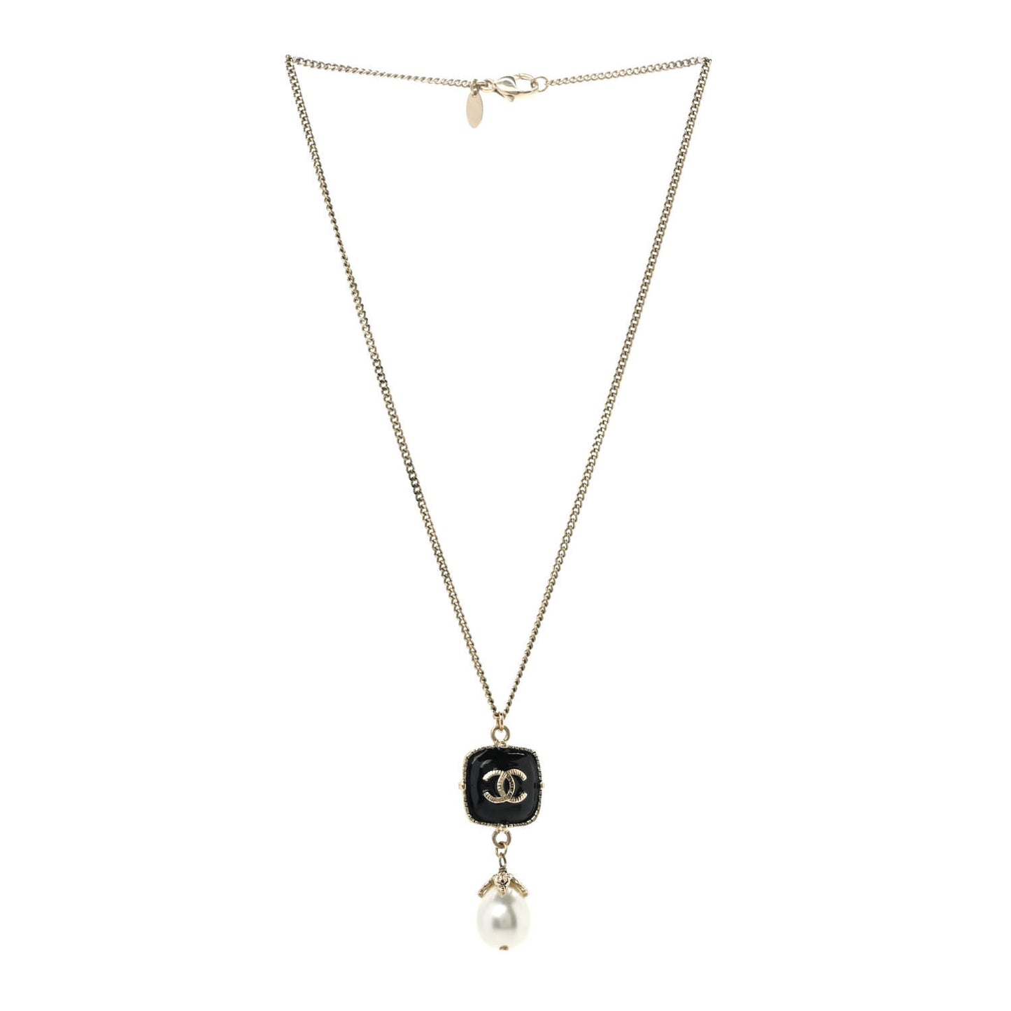 Enamel Pearl CC Drop Necklace Black Gold