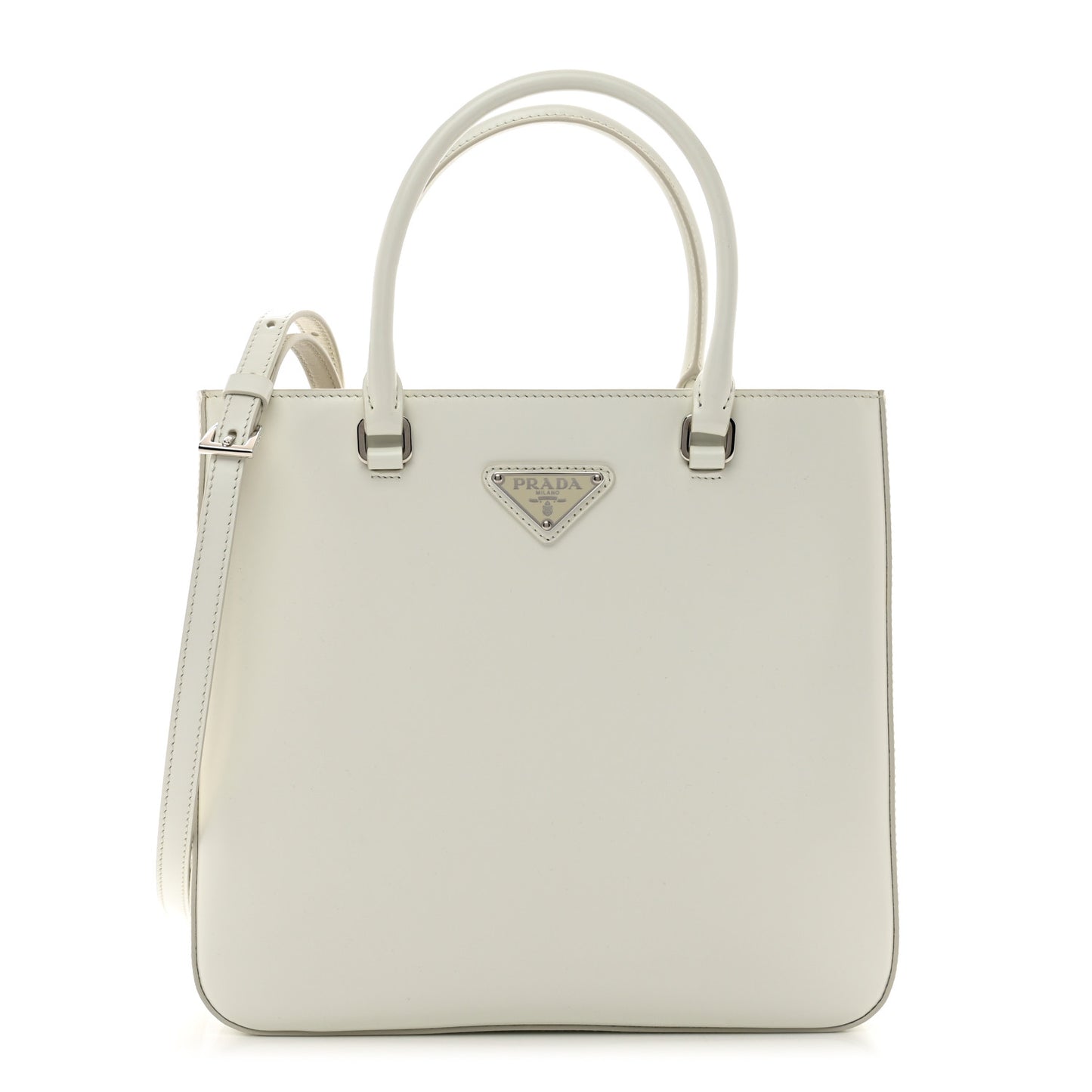 Spazzolato Metal Triangle Logo Double Handle Crossbody Tote White