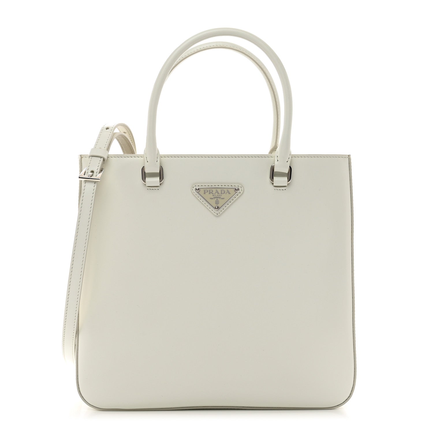 Prada Spazzolato Metal Triangle Logo Double Handle Crossbody Tote White 1 of 9