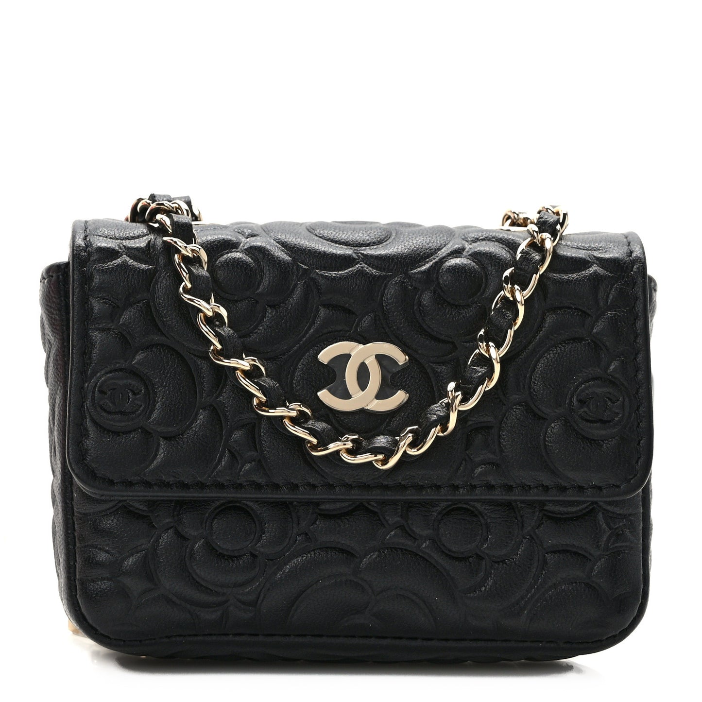 Lambskin Camellia Embossed Chain Belt Bag Black