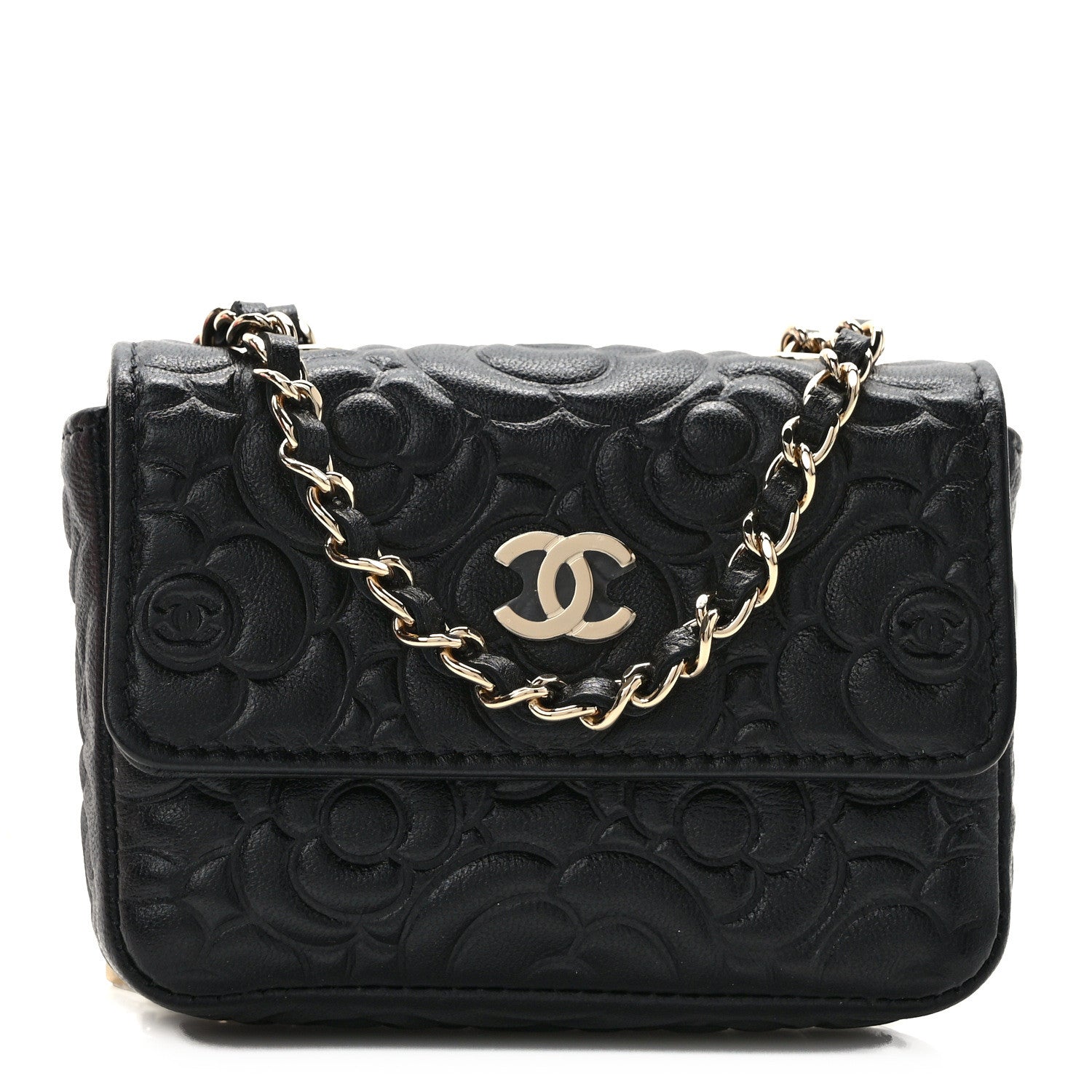 Chanel Lambskin Camellia Embossed Chain Belt Bag Black 1 of 11
