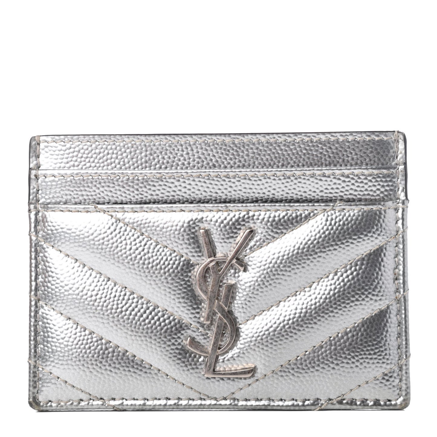 Metallic Grain De Poudre Matelasse Chevron Monogram Credit Card Case Argento