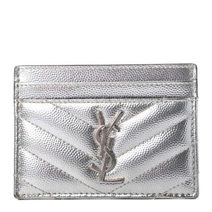 Saint Laurent Metallic Grain De Poudre Matelasse Chevron Monogram Credit Card Case Argento 1 of 9