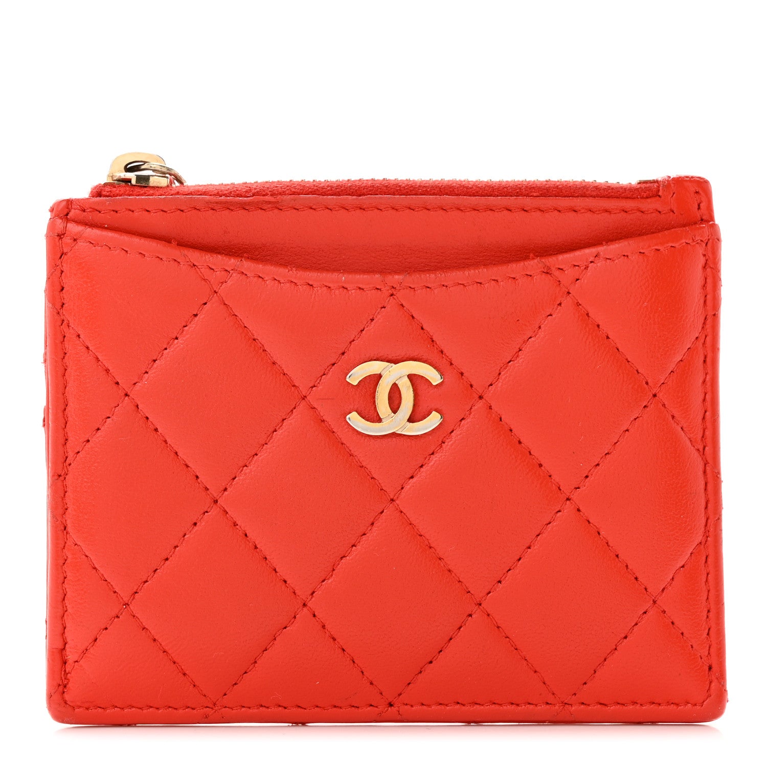 Chanel Lambskin Quilted Zip Card Holder Red 1 of 10