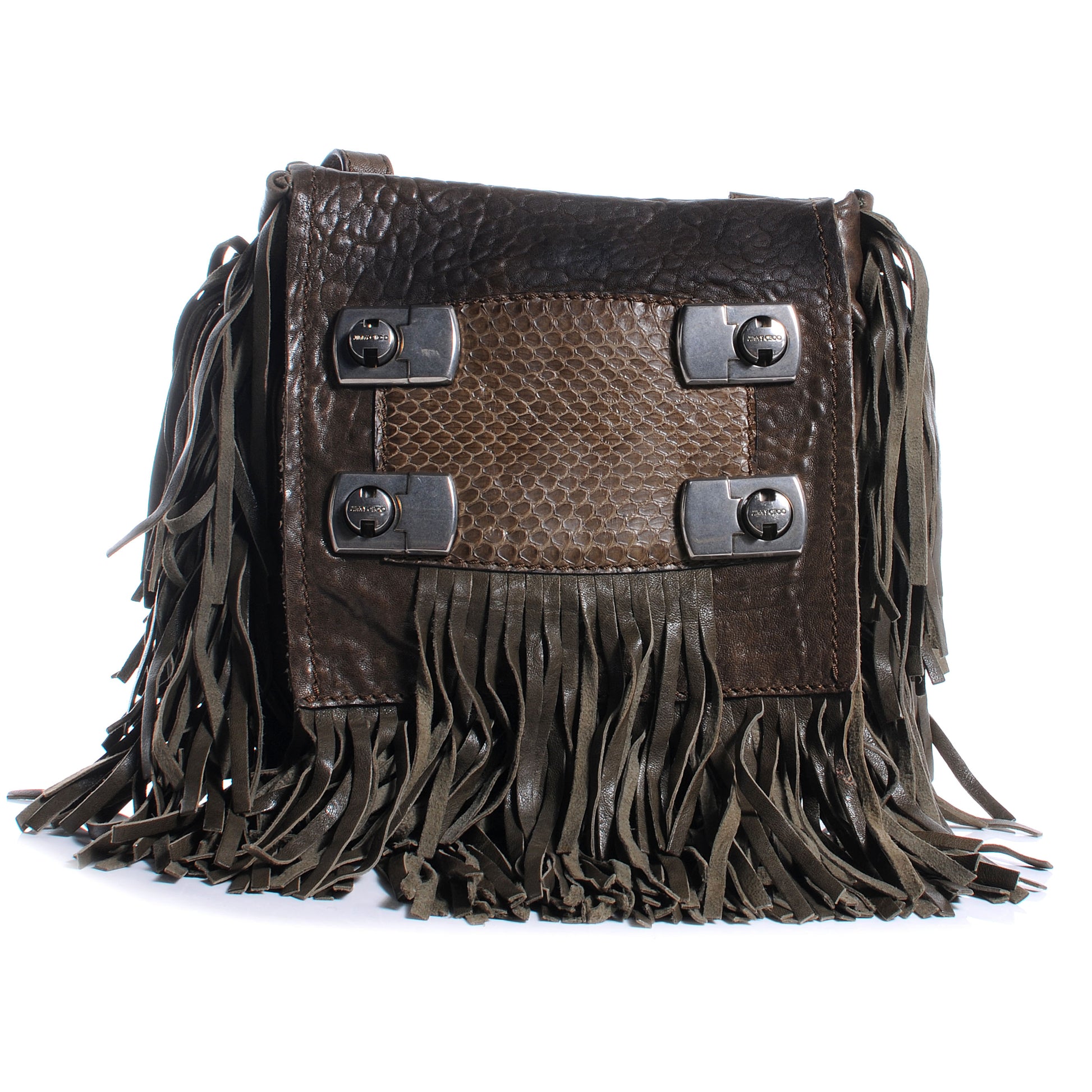 Jimmy Choo Python Grained Adele Fringe Shoulder Bag Brown 1 of 8