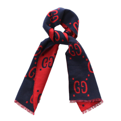 Gucci Wool Silk Monogram Jumbo GG Freedom Scarf Midnight Blue Red 1 of 3
