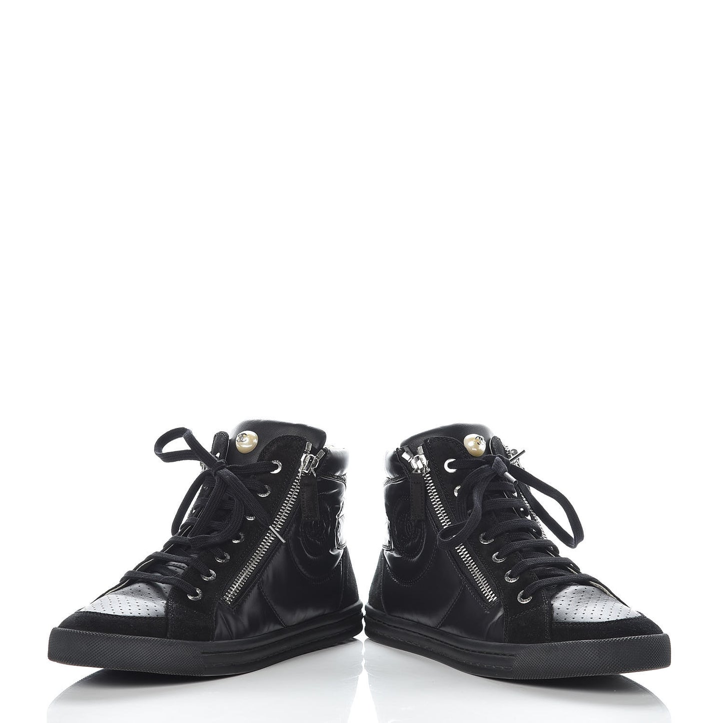 Calfskin Suede Zipped High Top CC Sneakers 38 Black