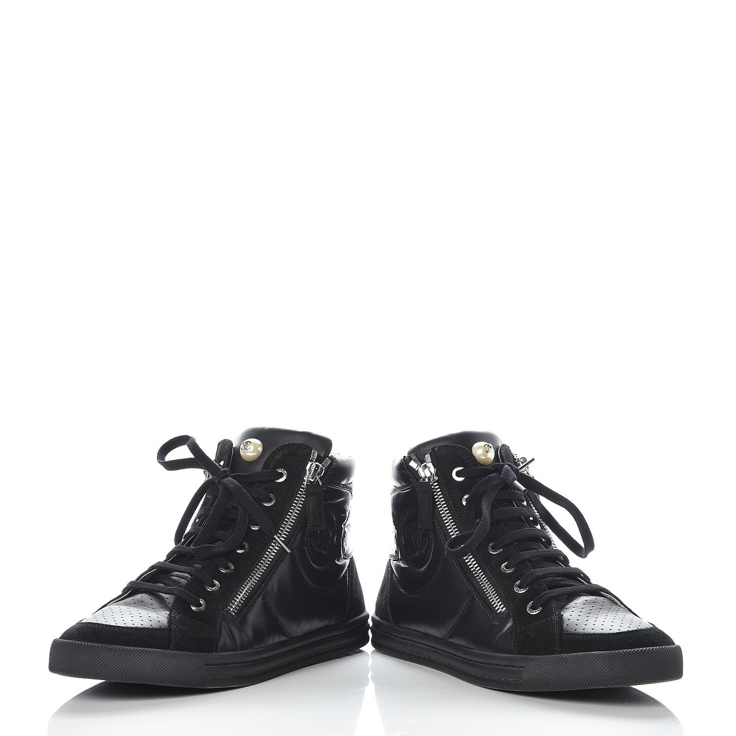 Chanel Calfskin Suede Zipped High Top CC Sneakers 38 Black 5 of 16