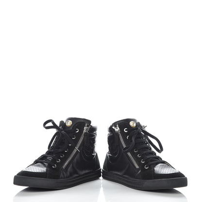 Chanel Calfskin Suede Zipped High Top CC Sneakers 38 Black 5 of 16