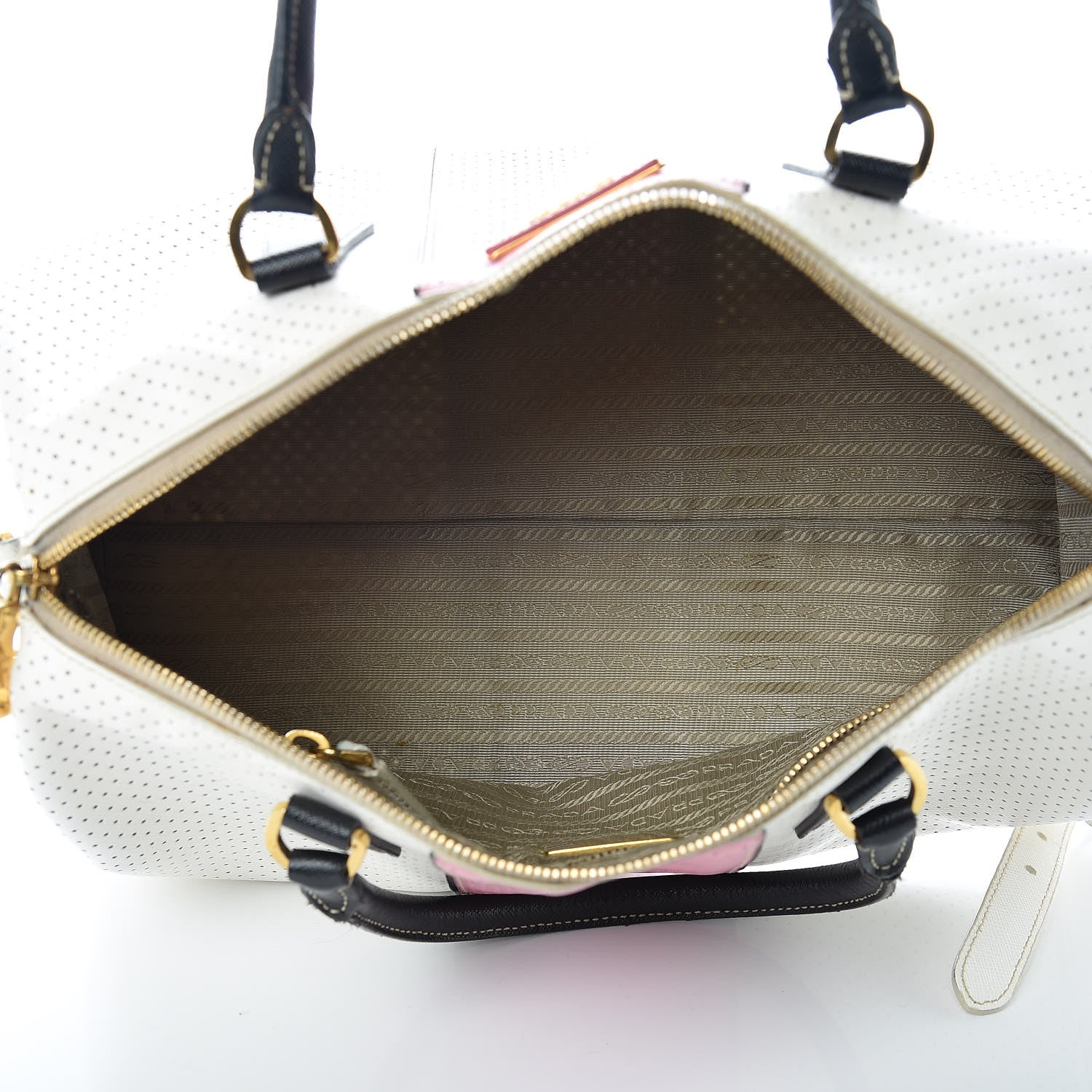 Prada Saffiano Perforated Striped Shoulder Bag White Black 5 of 13