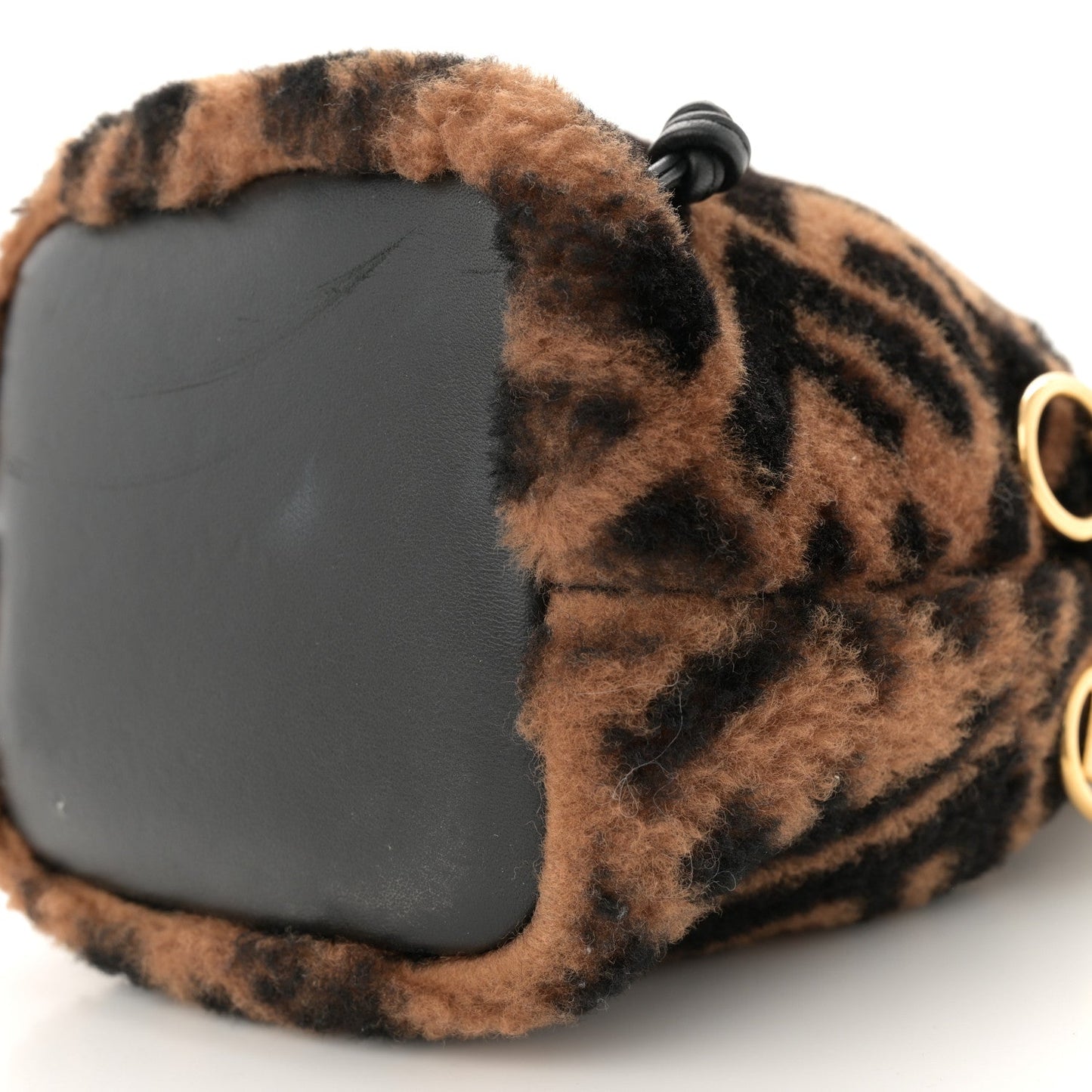 Shearling Vitello Dolce F is Fendi Macro FF 1974 Mini Mon Tresor Bucket Bag Tobacco Black