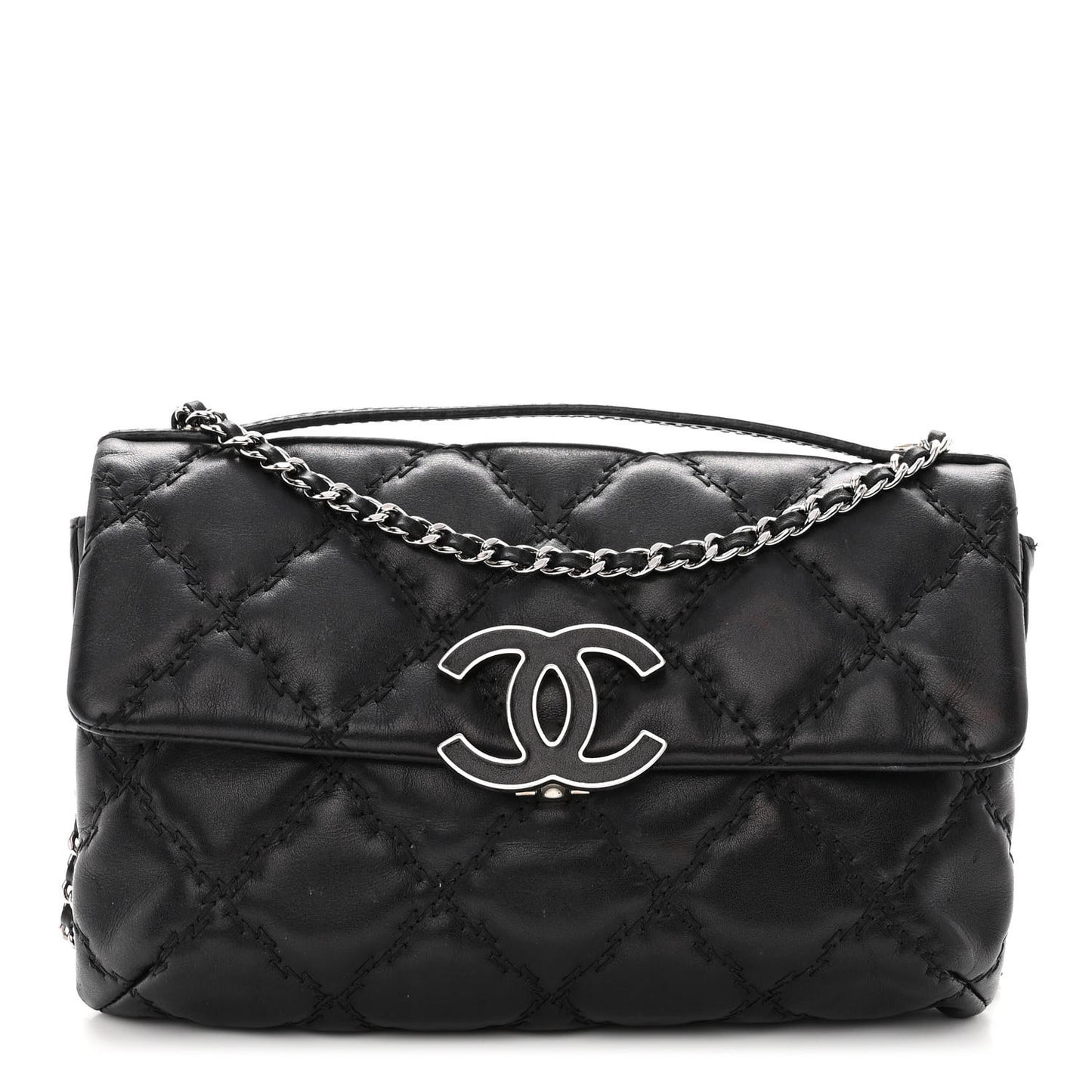 Calfskin Quilted Double Stitch Hamptons Clutch with Chain Black