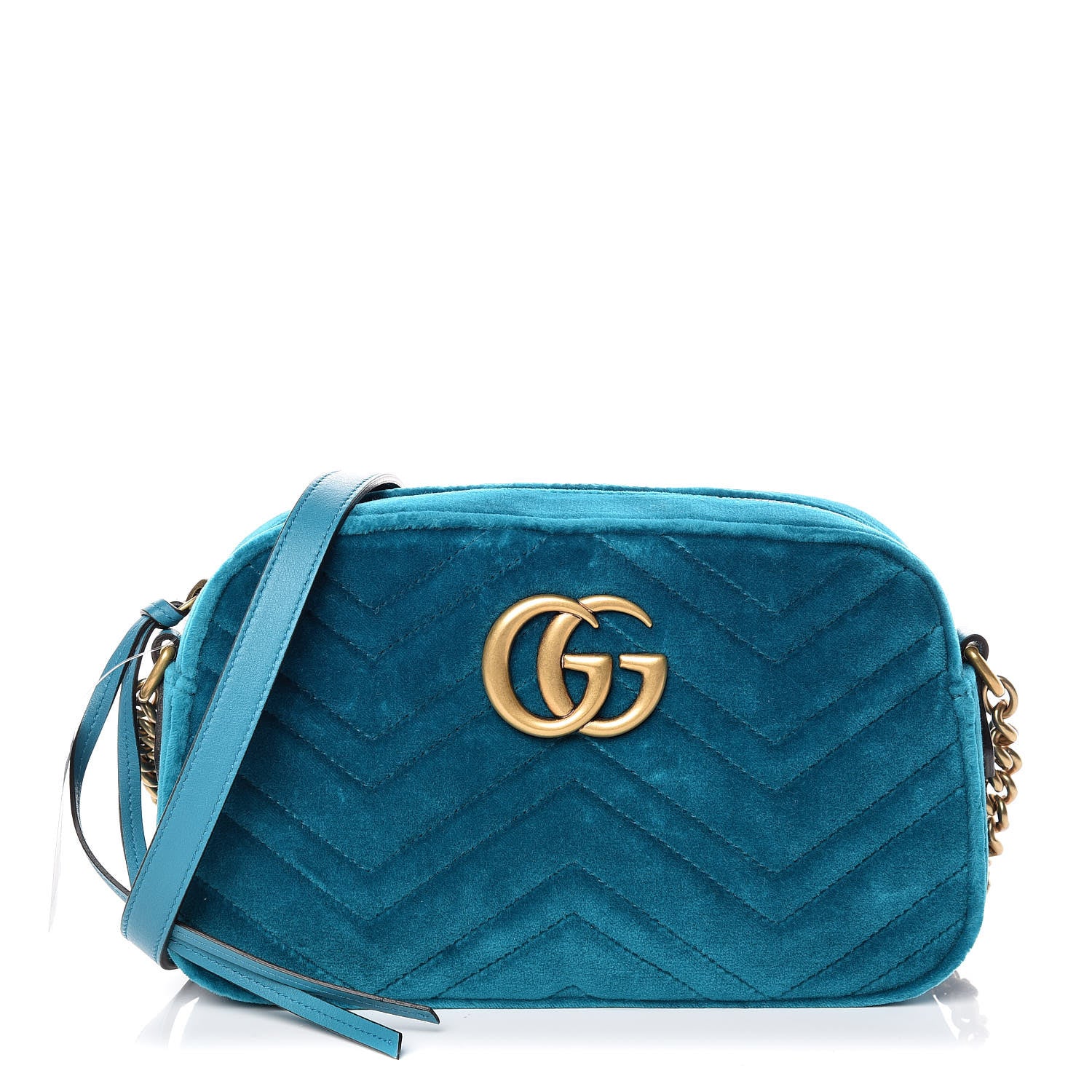 Gucci Velvet Matelasse Small GG Marmont Chain Shoulder Bag Pavone Cyan 1 of 12