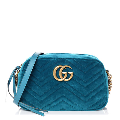 Gucci Velvet Matelasse Small GG Marmont Chain Shoulder Bag Pavone Cyan 1 of 12