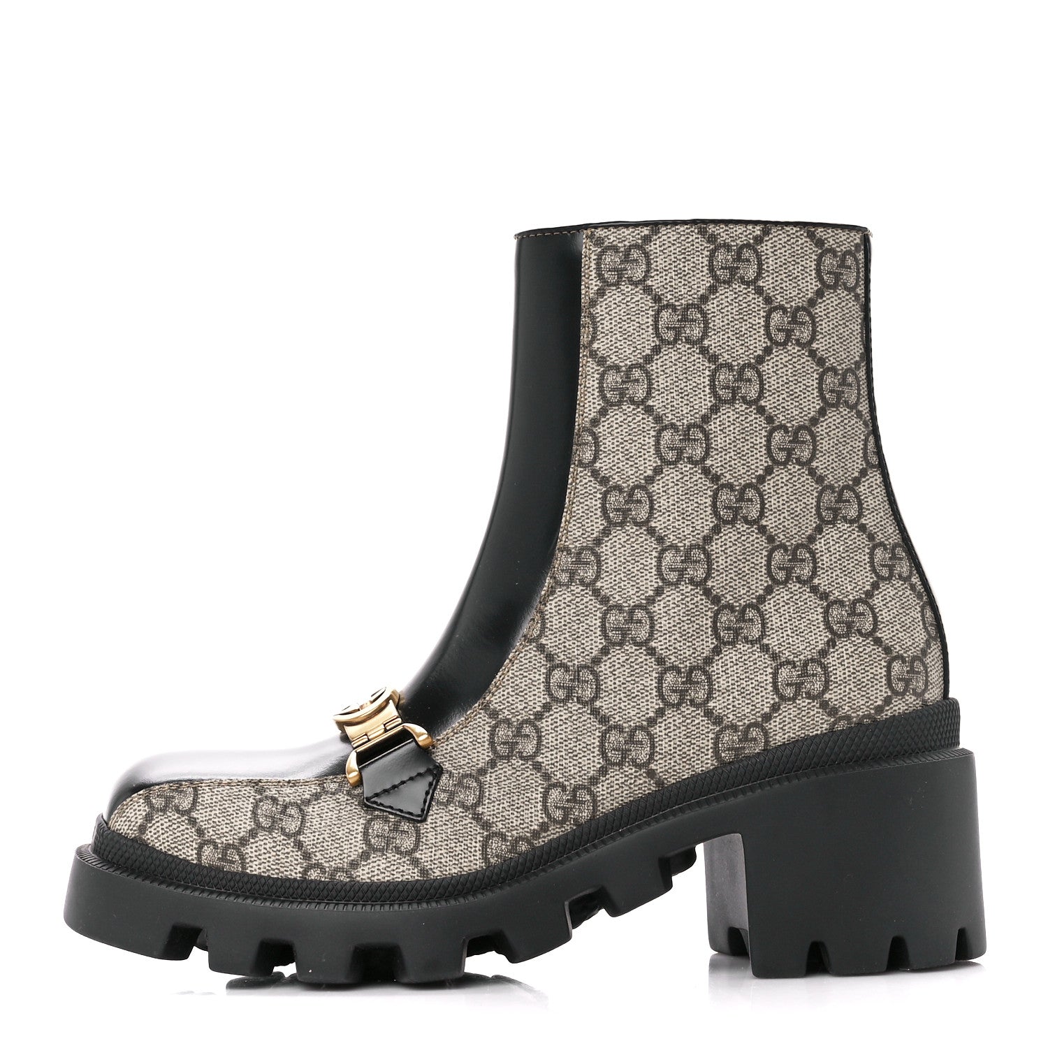 Gucci GG Supreme Monogram Magnum Calfskin Interlocking G Womens Lug Sole Ankle Boots 35.5 Beige Ebony Black 1 of 8