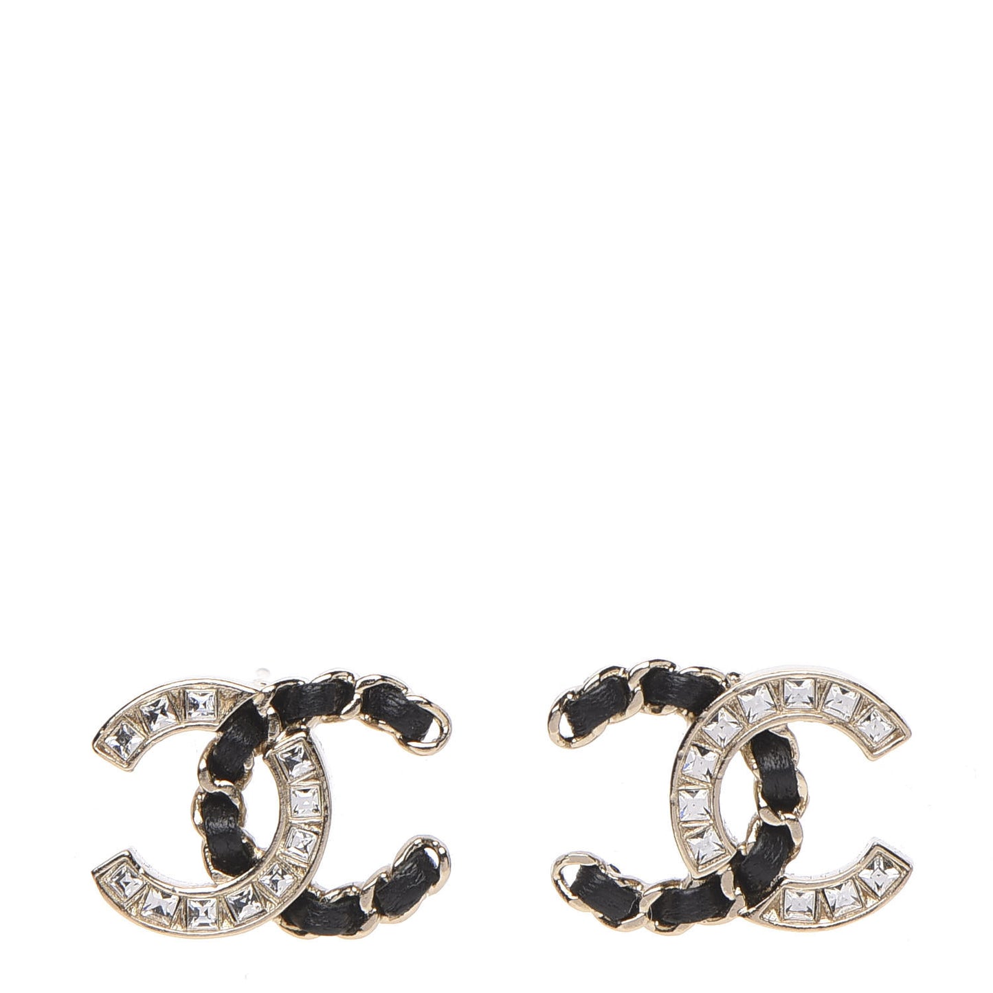 Crystal Baguette Lambskin Chain CC Vintage Allure Stud Earrings Black Gold