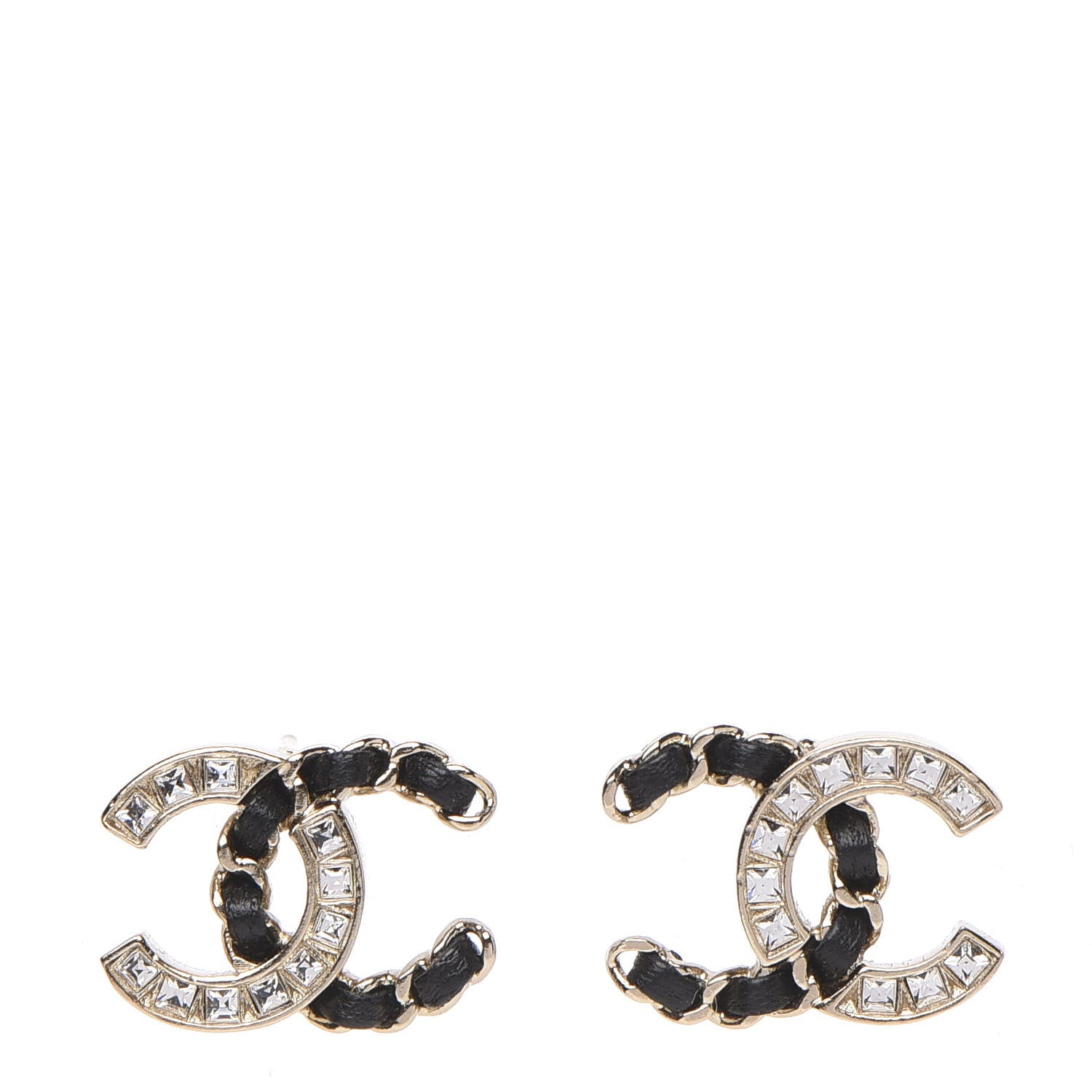 Chanel Crystal Baguette Lambskin Chain CC Vintage Allure Stud Earrings Black Gold 1 of 5