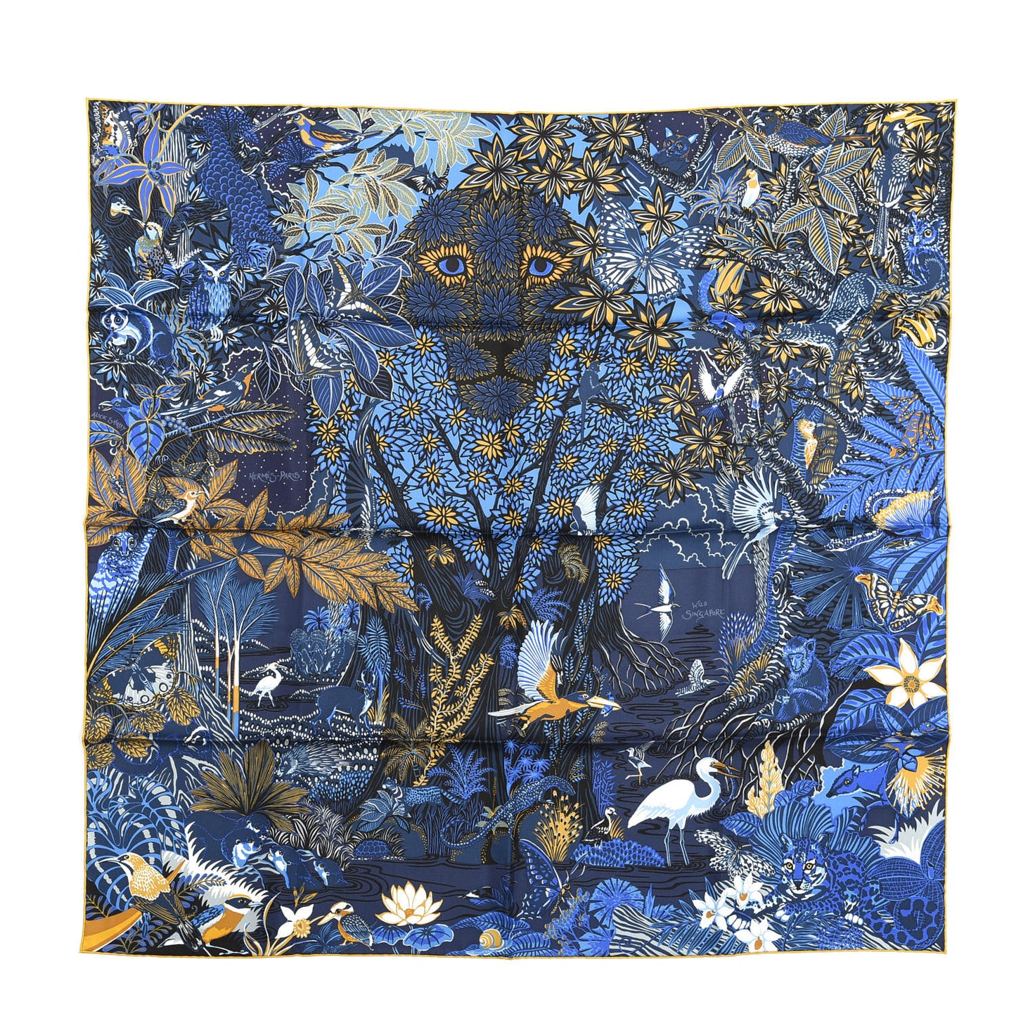 Silk Wild Singapore Scarf 90 Bleu Roy Gold Marine