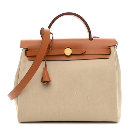 Hermes Military Toile Vache Hunter Herbag Zip Retourne 31 PM Beton Naturel 1 of 12