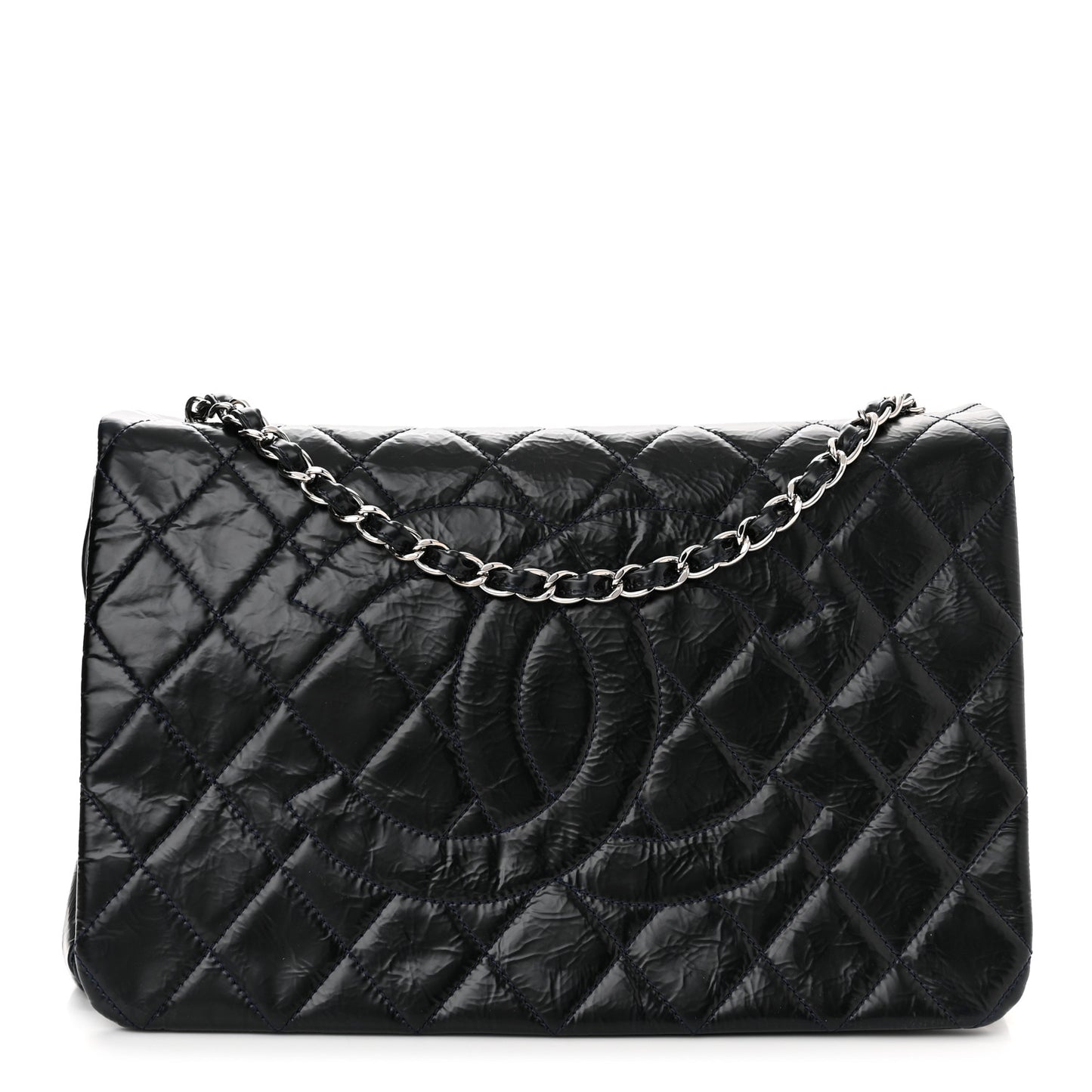 Glazed Calfskin Quilted CC XL Single Flap Navy