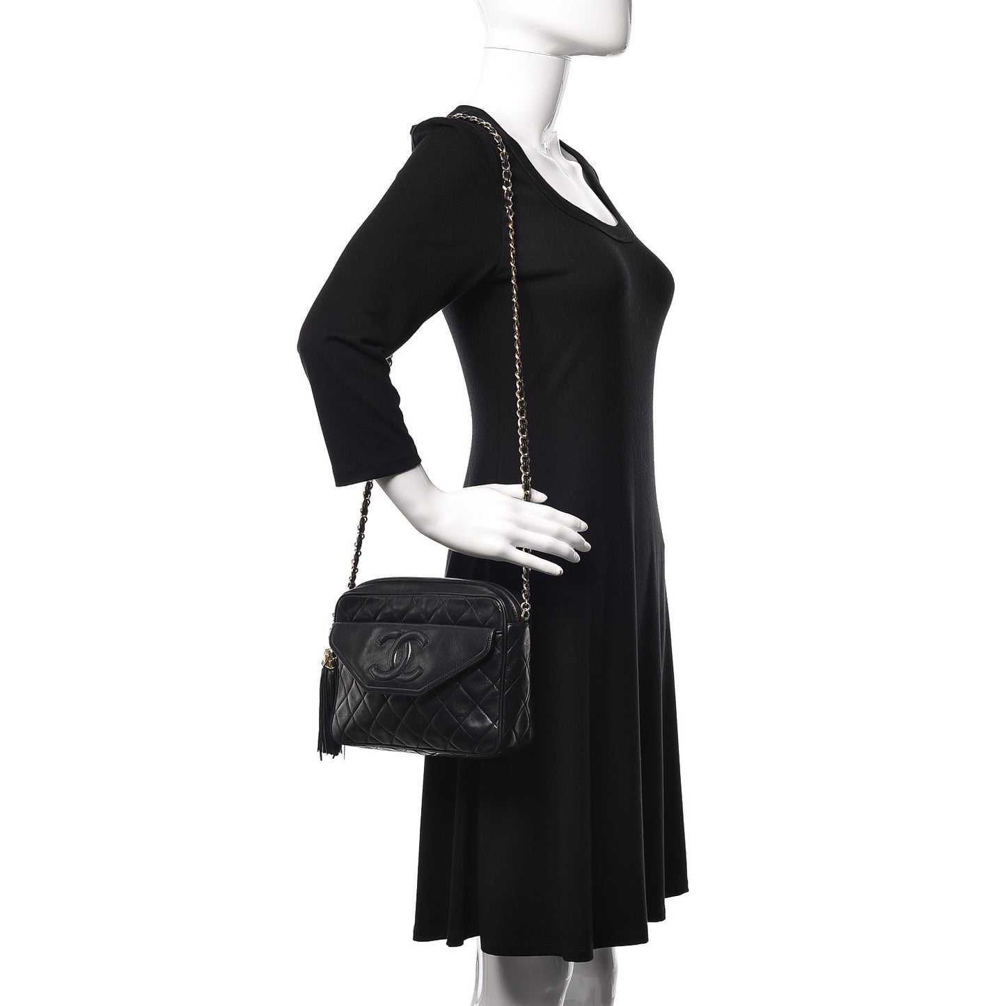 Lambskin Quilted Tassel Camera Case Black